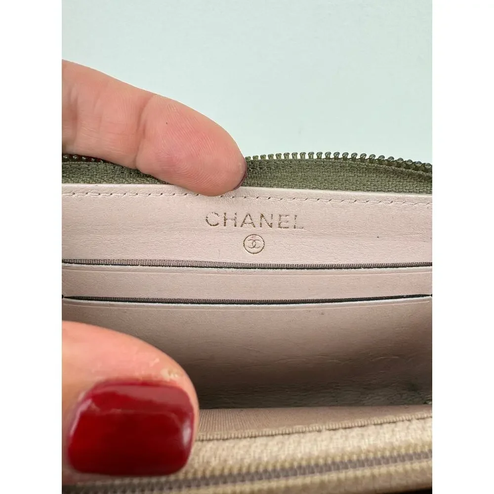 CHANEL Khaki Green Continental Wallet Leather Quilted Inner Pocket Zip Around